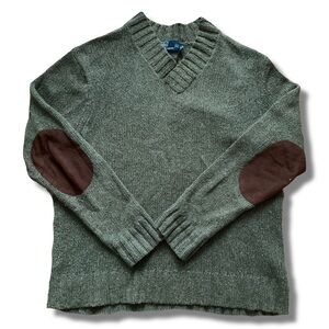 VTG Polo Ralph Lauren Hemp Elbow Patch V Neck Sweater Olive Green Large